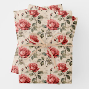 Vintage Aquarellfarben Französische rote Rosen Sal Geschenkpapier Set