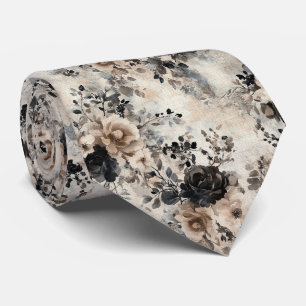 Vintage Aquarellfarben-Rose in Beige, Black Neckti Krawatte