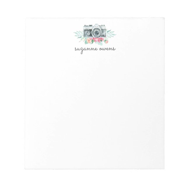 Vintage Aquarellkamera und Blume Notepad Notizblock (Vorderseite)