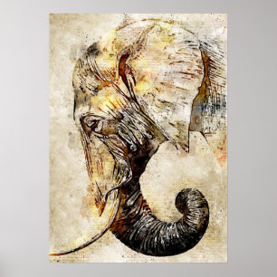 Vintage Aquarellmalerei auf Elefantenkopf Poster