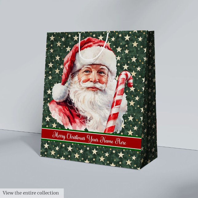 Vintage Aquarelltasche Mittlere Geschenktüte (Vintage Watercolor Santa Claus Gift Bag Monogram)