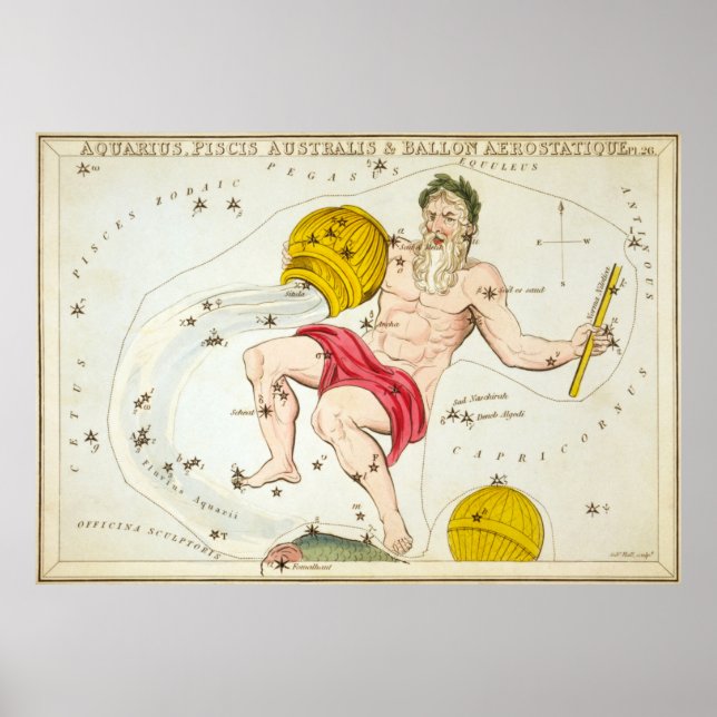 Vintage Aquarius-Sternbild-Karte (1825) Poster (Vorne)