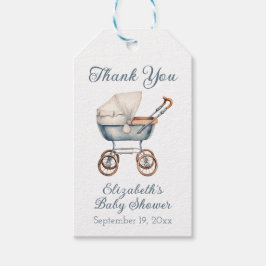 Vintage Aquatercolor Blue Baby Carriage Personalis Geschenkanhänger