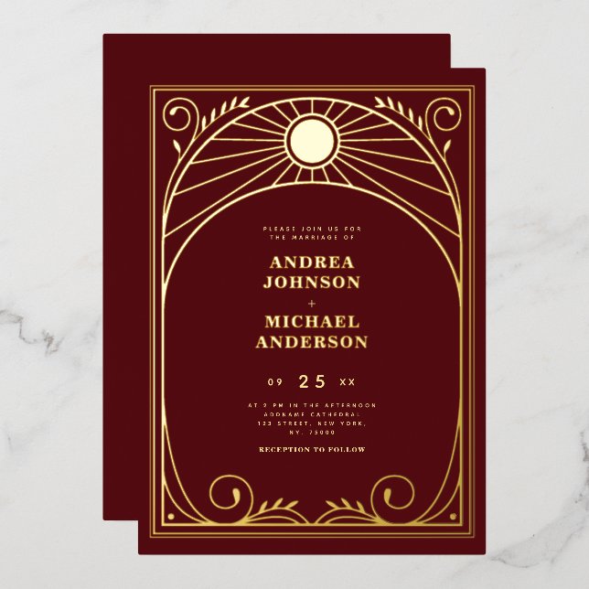 Vintage Arch Art Nouveau Burgundy Wedding Real Folieneinladung (Vorderseite/Rückseite)