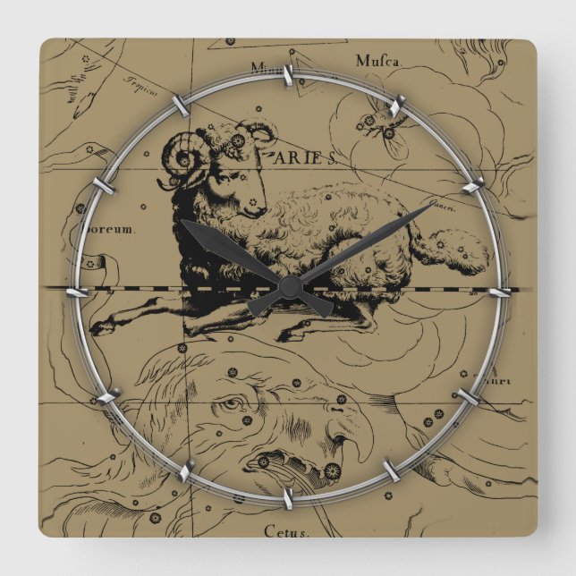Vintage Aries Map Hevelius 1690 Quadratische Wanduhr (Vorderseite)