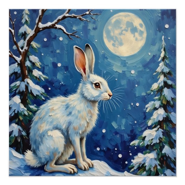 Vintage arktischer Hase im Weihnachtsmondlicht  Poster (Vorderseite)