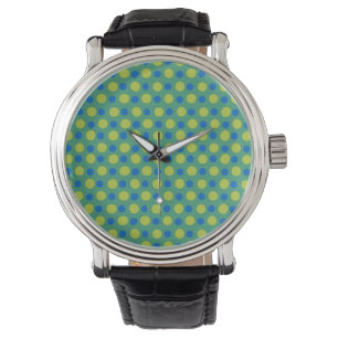 Vintage Armbanduhr: Blaue, grüne Polka-Punkte Armbanduhr