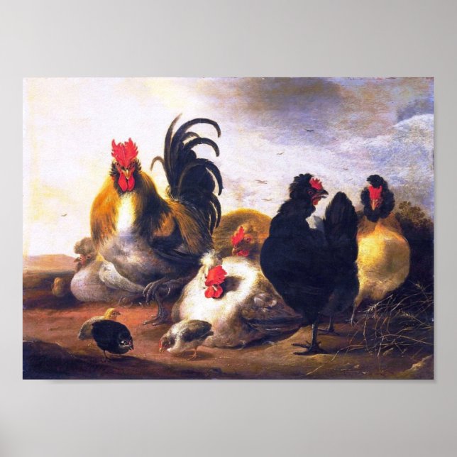 Vintage Art-Animal-Bird-Chickens-Malerei Poster (Vorne)