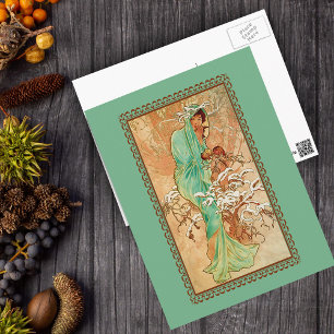 Vintage Art Deco Dame grüner goldener Baum Postkarte