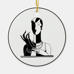 Vintage Art Deco Dame mit Perlen Schwarz Transp Keramik Ornament