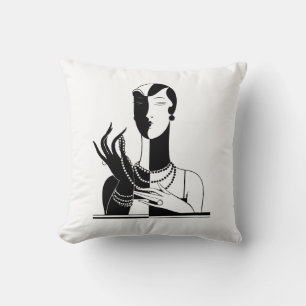 Vintage Art Deco Dame mit Perlen Schwarz Transp Kissen