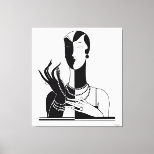 Vintage Art Deco Dame mit Perlen Schwarz Transp Leinwanddruck