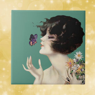 Vintage Art Deco Dame Schmetterling Hübsche Blumen Fliese