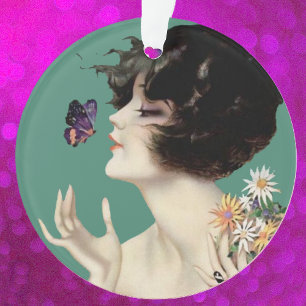 Vintage Art Deco Dame Schmetterling Hübsche Blumen Ornament