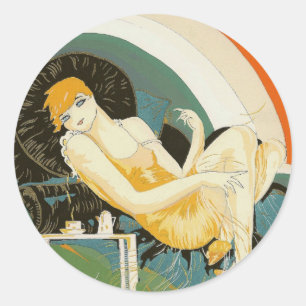 Vintage-Art-Déco-Darstellung einer auf einem Sofa Runder Aufkleber