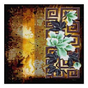 Vintage-Art-Déco-Druck mit asiatischem Blumenmotiv Poster