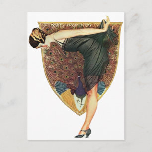 Vintage Art Deco Flapper mit Pfau Postkarte