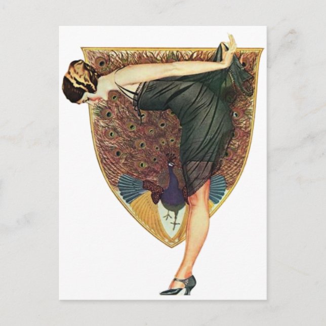Vintage Art Deco Flapper mit Pfau  Postkarte (Vorderseite)