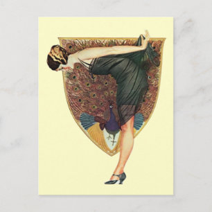 Vintage Art Deco Flapperin mit Pfau  Postkarte