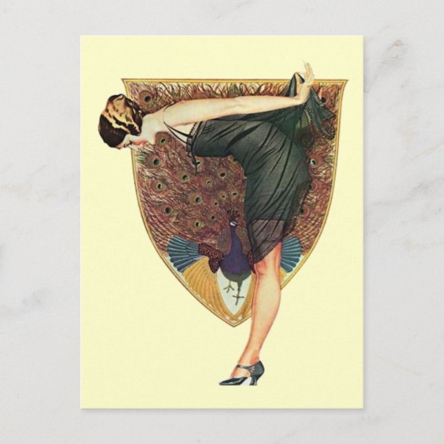 Vintage Art Deco Flapperin mit Pfau  Postkarte (Vorderseite)