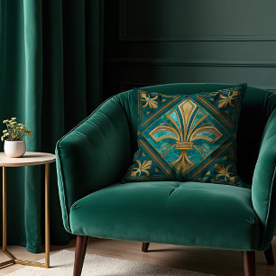 Vintage Art Deco Fleur-de-lis - Grün und Gold Kissen