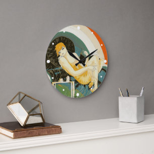 Vintage Art Deco Frau auf Couch liegend, Chompre Große Wanduhr