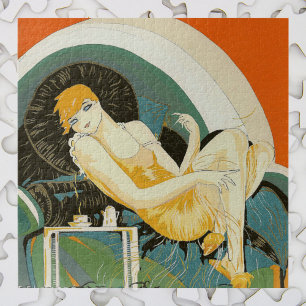 Vintage Art Deco Frau, auf Couch liegend, Chompre Puzzle