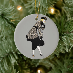 Vintage Art Deco Frau in Leopard Print Jacket Keramik Ornament