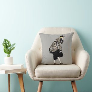 Vintage Art Deco Frau in Leopard Print Jacket Kissen