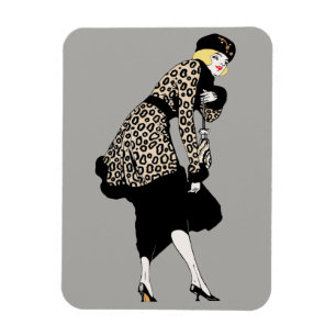 Vintage Art Deco Frau in Leopard Print Jacket Magnet