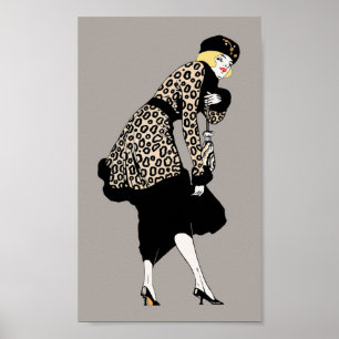 Vintage Art Deco Frau in Leopard Print Jacket Poster