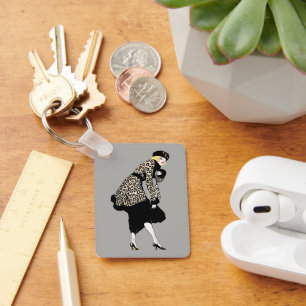 Vintage Art Deco Frau in Leopardenprint-Jacke Schlüsselanhänger