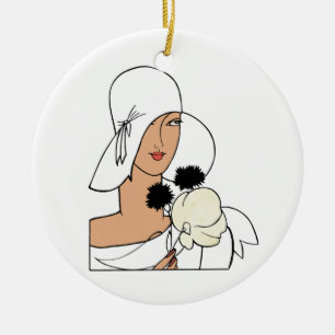 Vintage Art-Deco-Frau mit Blume mit Hut C Keramik Ornament