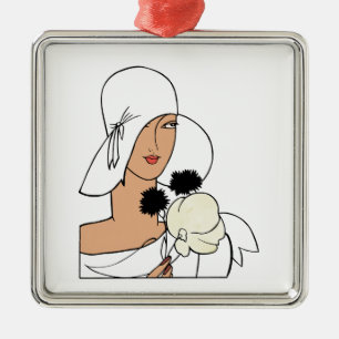 Vintage Art-Deco-Frau mit Blume mit Hut C Silbernes Ornament