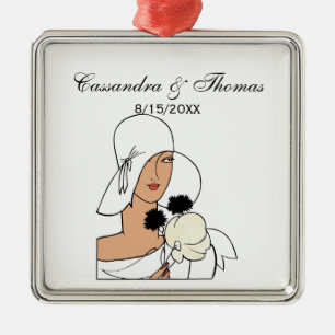 Vintage Art-Deco-Frau mit Blume mit Hut C Silbernes Ornament