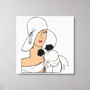 Vintage Art Deco Frau mit Blumen einen Hut tragend Leinwanddruck