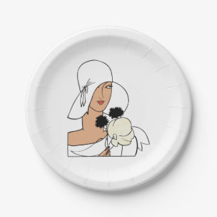 Vintage Art Deco Frau mit Blumen einen Hut tragend Pappteller