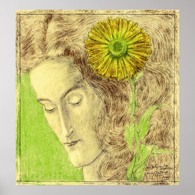 Vintage Art Deco Frau mit Chrysanthemum Poster (Vorne)