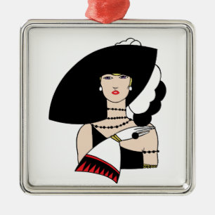 Vintage Art Deco Frau mit Hut Handschuhe Farbe Silbernes Ornament