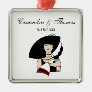 Vintage Art Deco Frau mit Hut Handschuhen Farbe Silbernes Ornament