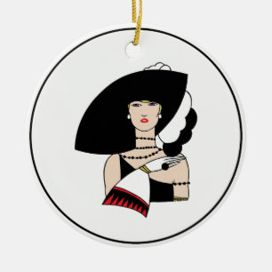 Vintage Art Deco Frau mit Hut Handschuhen in Farbe Keramik Ornament
