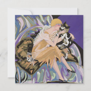 Vintage-Art-Deco-Frau mit Katze von S. Chompre Einladung