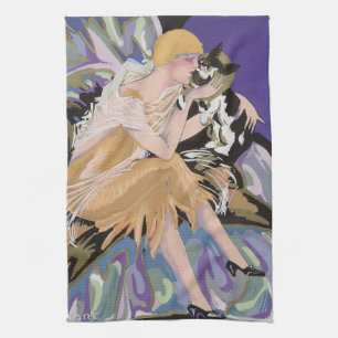 Vintage-Art-Deco-Frau mit Katze von S. Chompre Geschirrtuch