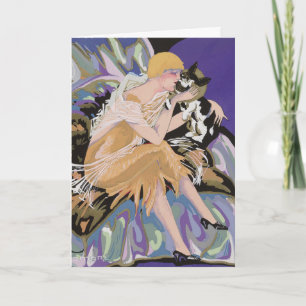 Vintage Art Deco Frau mit Katze von S. Chompre Karte