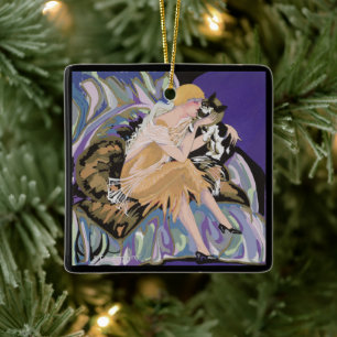 Vintage-Art-Deco-Frau mit Katze von S. Chompre Keramikornament