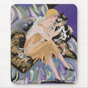 Vintage-Art-Deco-Frau mit Katze von S. Chompre Mousepad