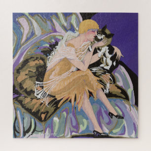 Vintage-Art-Deco-Frau mit Katze von S. Chompre Puzzle