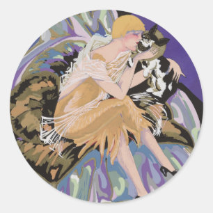 Vintage-Art-Deco-Frau mit Katze von S. Chompre Runder Aufkleber
