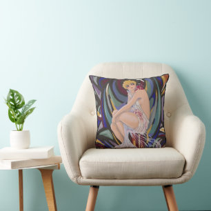 Vintage Art Deco Frau mit Vorhängen von S. Chompre Kissen