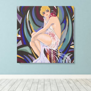Vintage Art Deco Frau mit Vorhängen von S. Chompre Leinwanddruck
